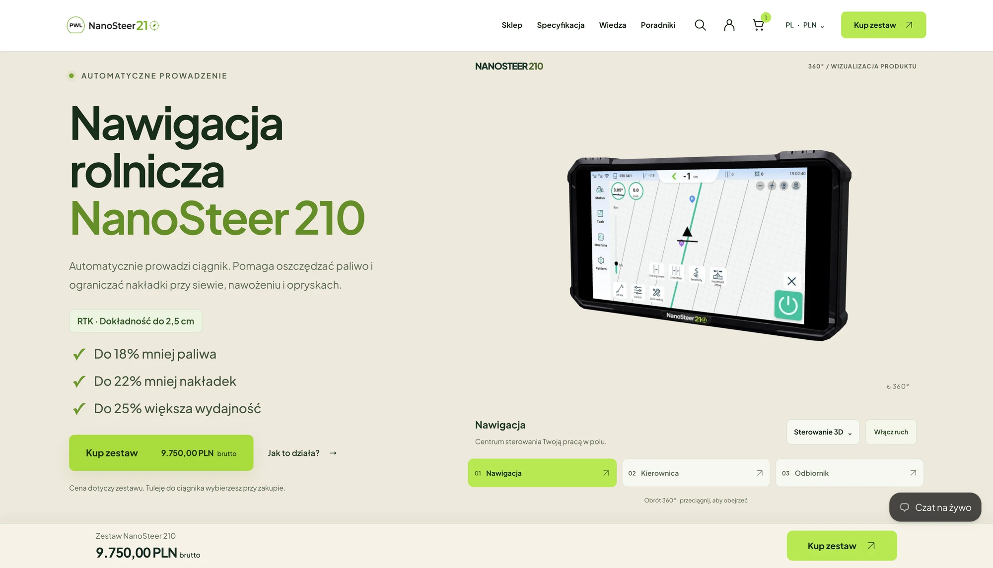 Strona PWL NanoSteer z prezentacją systemu nawigacji rolniczej NanoSteer 210